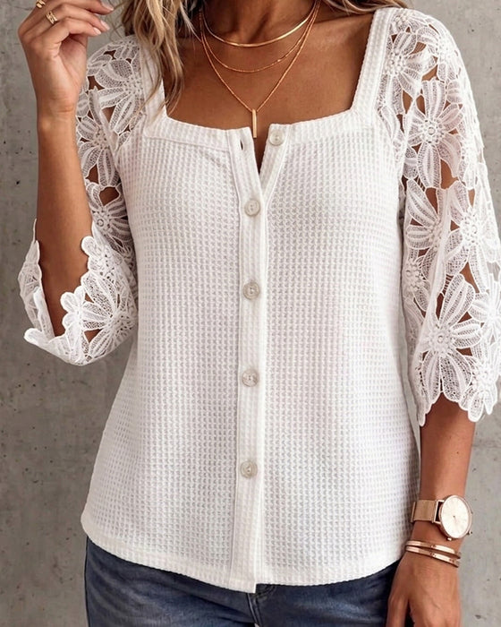 Bluse Spitze Panel Waffelgestrickt Knopf-Vorne