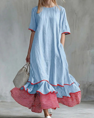 Kleid Farbblock Streifen Rüschen Maxi