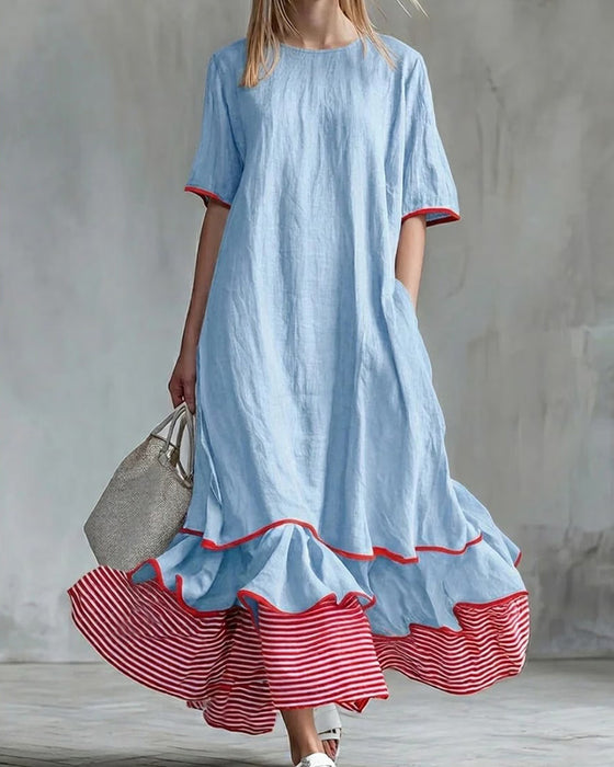 Kleid Farbblock Streifen Rüschen Maxi