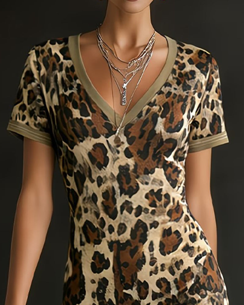 Kleid Leopard Druck Patchwork V-Ausschnitt Tailliert