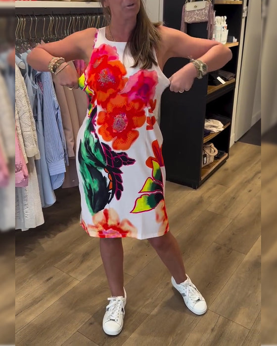 Kleid Aquarell Große Blume Ärmellos Hüfte