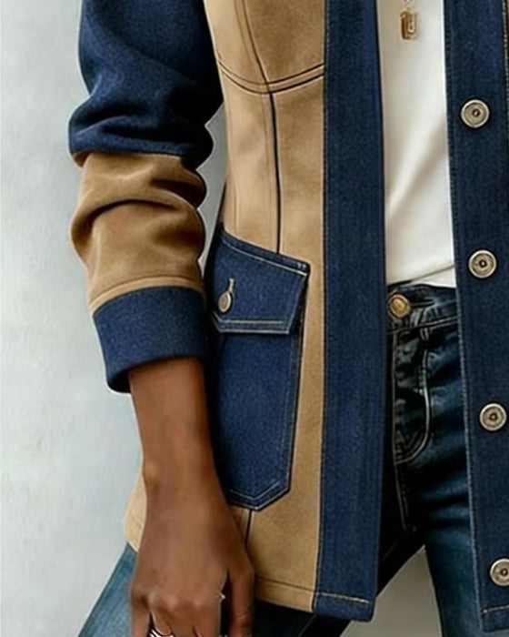 Mantel Mit Kapuze Reißverschluss Tasche Denim Panel