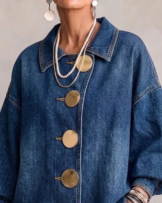 Mantel Revers Geknöpft Puff Ärmel Denim