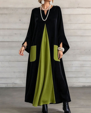 Kleid V-Ausschnitt Farbblock Maxi