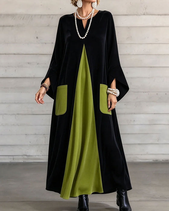 Kleid V-Ausschnitt Farbblock Maxi