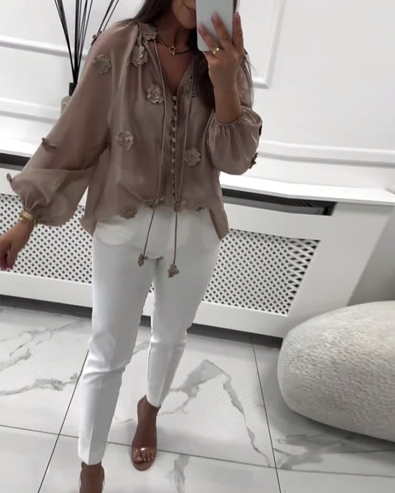 Bluse einfarbig 3D-Blumen Schnürung
