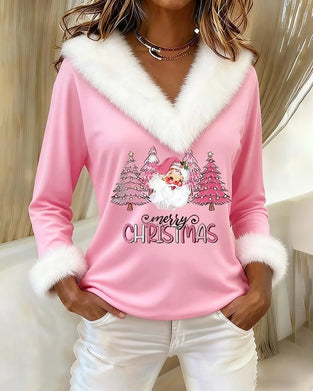 Top mit großem Pelzkragen und Druck