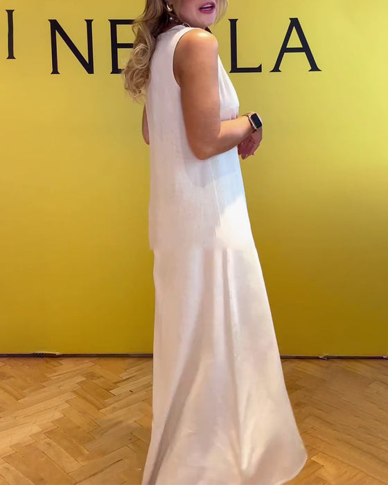 Kleid ärmellos Baumwolle und Leinen Taille einfarbig