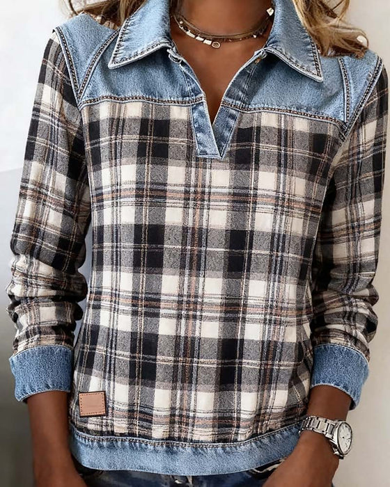 Denim-Top Mit Patchwork Und Karomuster