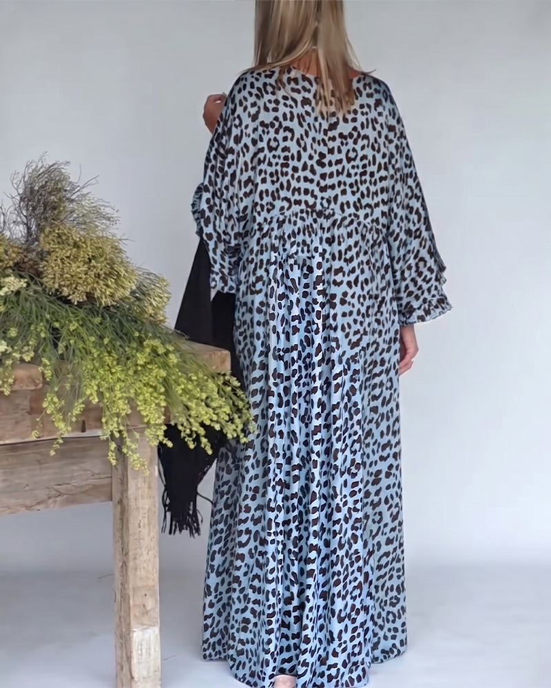 Kleid V-Ausschnitt Leopardenprint Loose Fit Lässig