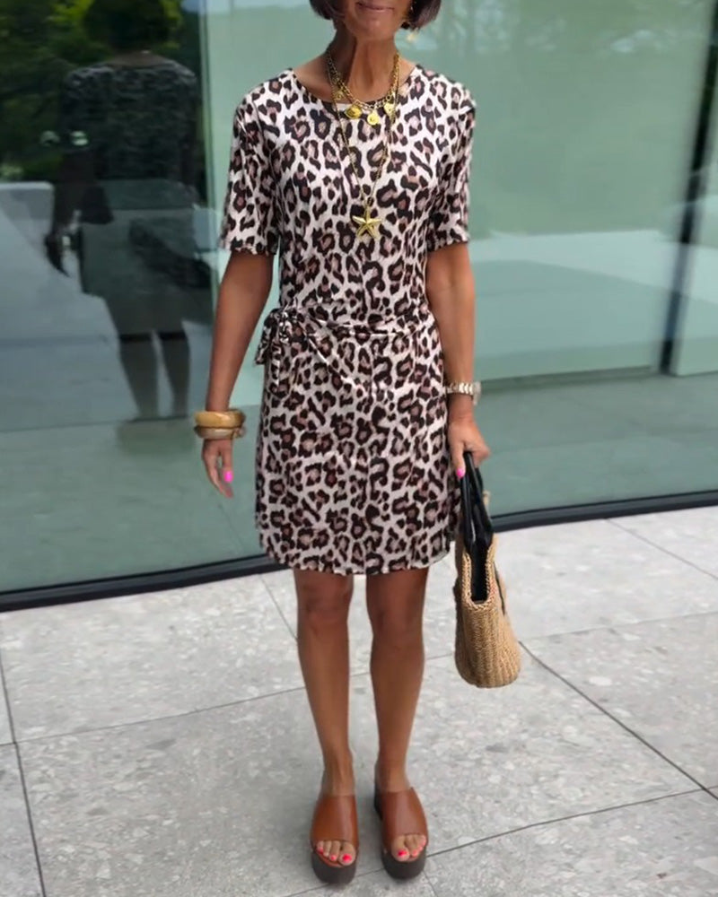 Kleid Rundhals Leopardenmuster Kurzarm