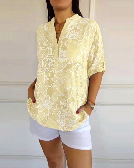 Bluse V-Ausschnitt Button-Down Bedruckt