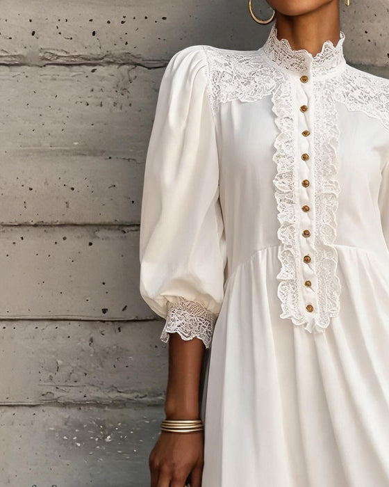 Kleid Mock Neck Spitze Knopf Rüsche