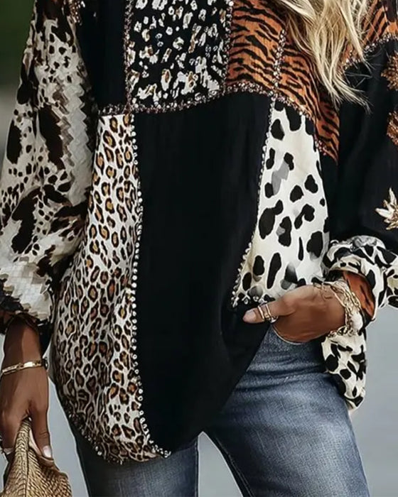 Bluse Rundhals Leopard Tiger Druck Kontrast