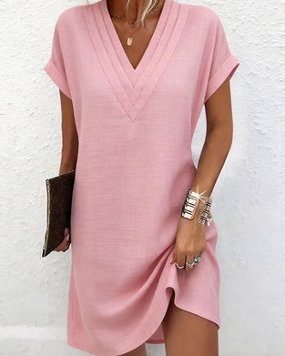 Kleid V-Ausschnitt Kurzärmelig Baumwolle Und Leinen Gerade