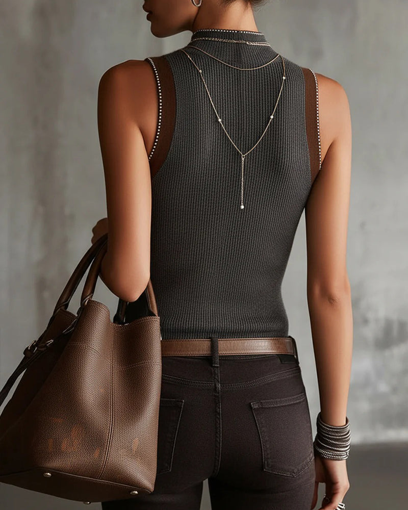 Tanktop Halber Turtleneck Ärmellos Gestrickt