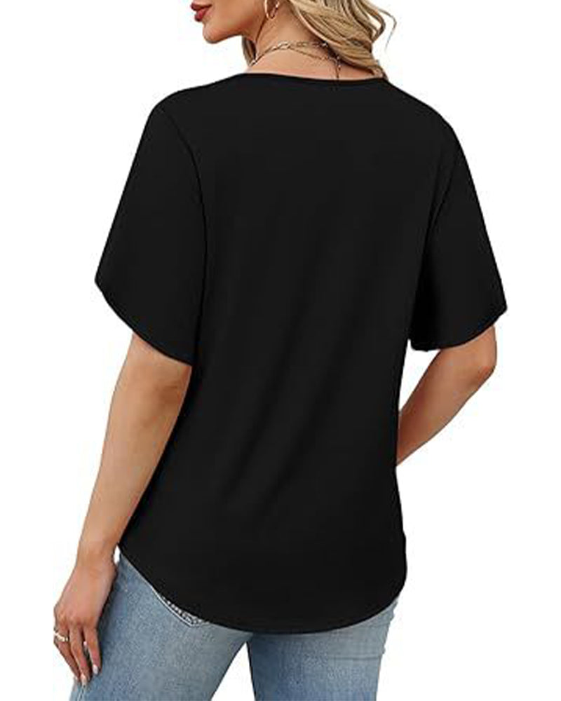 T-Shirt V-Ausschnitt Kleiner Schlitz Kurzarm Einfarbig
