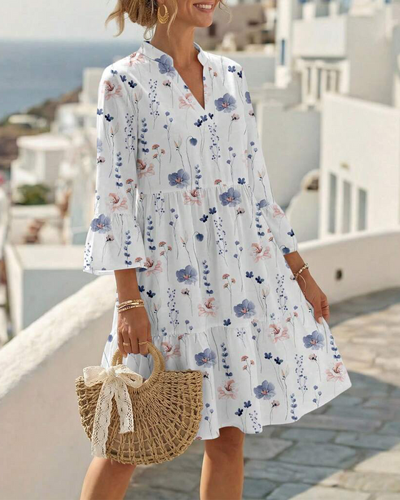 Kleid V-Ausschnitt Blumig Druck Midi
