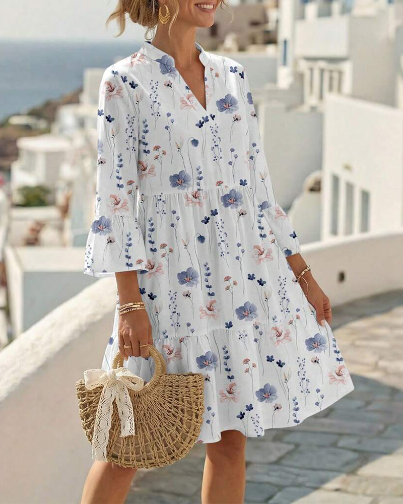 Kleid V-Ausschnitt Blumig Druck Midi