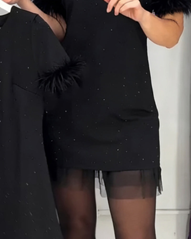 Meshkleid Mit Straußenfedern Und Hotfix-Strasssteinen