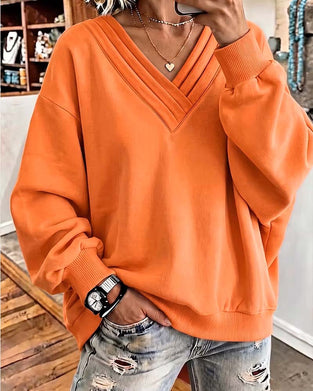Sweatshirt Doppellage V-Ausschnitt Drop Schulter Locker