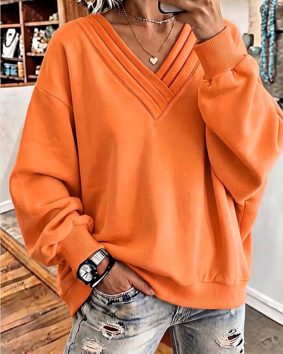 Sweatshirt Doppellage V-Ausschnitt Drop Schulter Locker