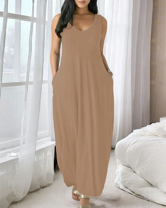 Kleid V-Ausschnitt Tasche Locker Tank Lang