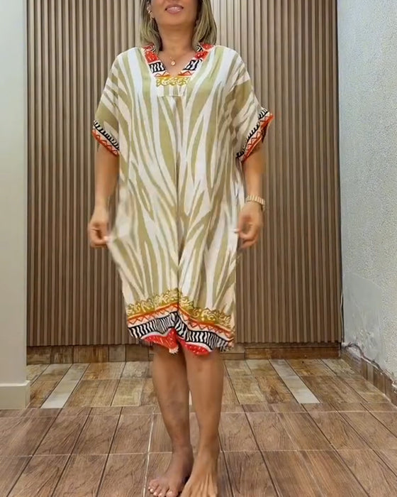 Kleid Bohemian Zebra Druck V-Ausschnitt Locker
