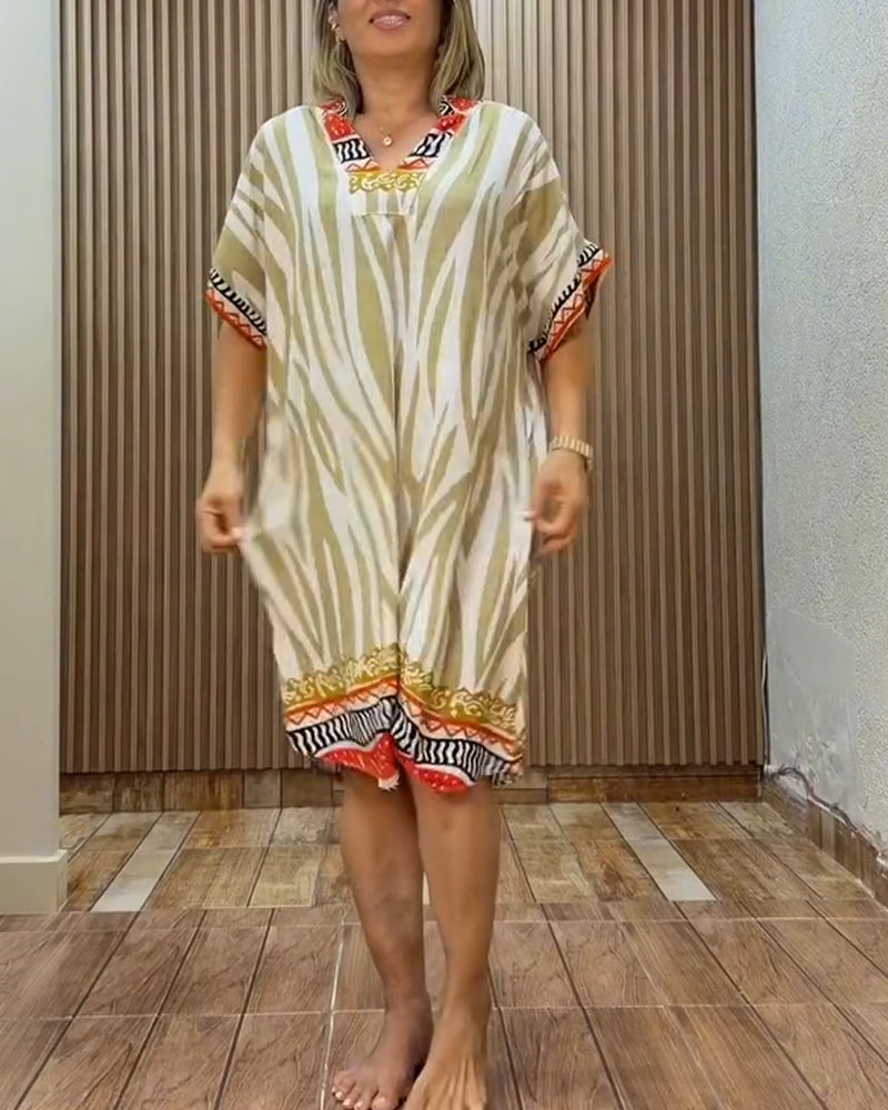 Kleid Bohemian Zebra Druck V-Ausschnitt Locker