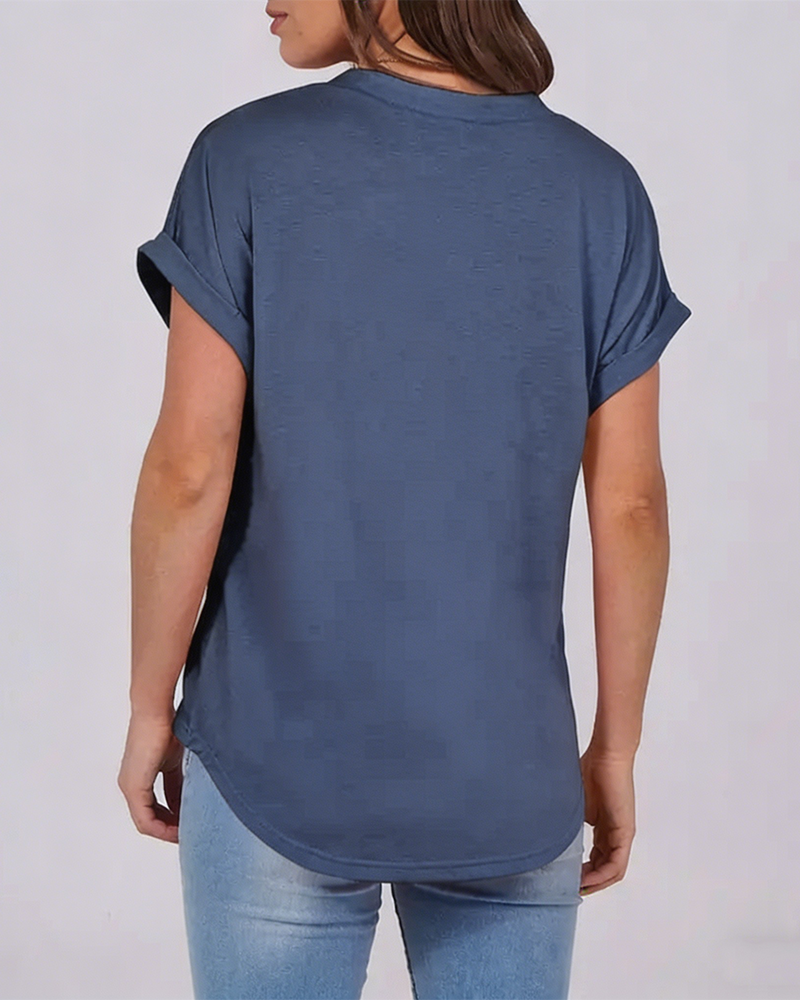 T-Shirt Unifarben V-Ausschnitt Kurzarm