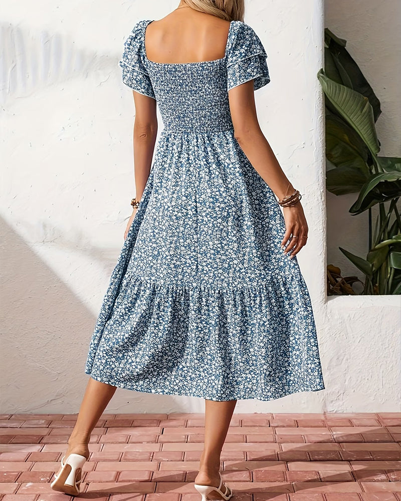 Kleid Rüsche Quadratischer Ausschnitt Blumen