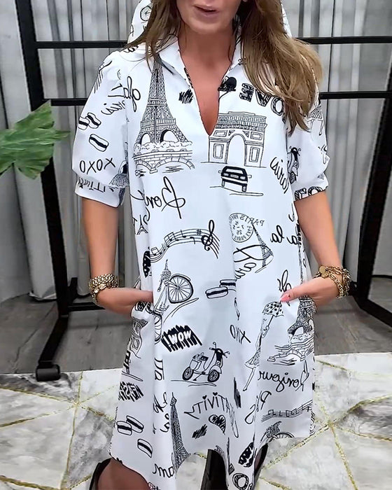 Kleid Laternenärmel Revers Druck