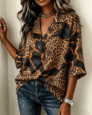 Bluse Revers Kreuz Leopard