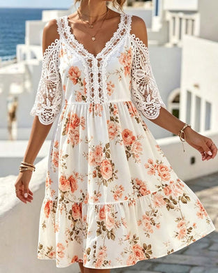 Kleid V-Ausschnitt Spitze Patchwork Blumig Kalte Schulter