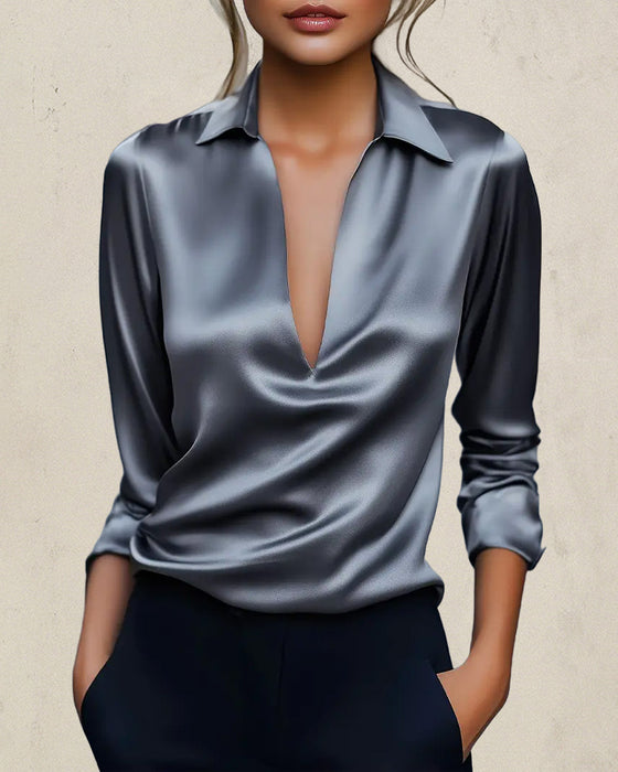 Schlichte Unifarbene V-Ausschnitt-Bluse Mit Elegantem Stil