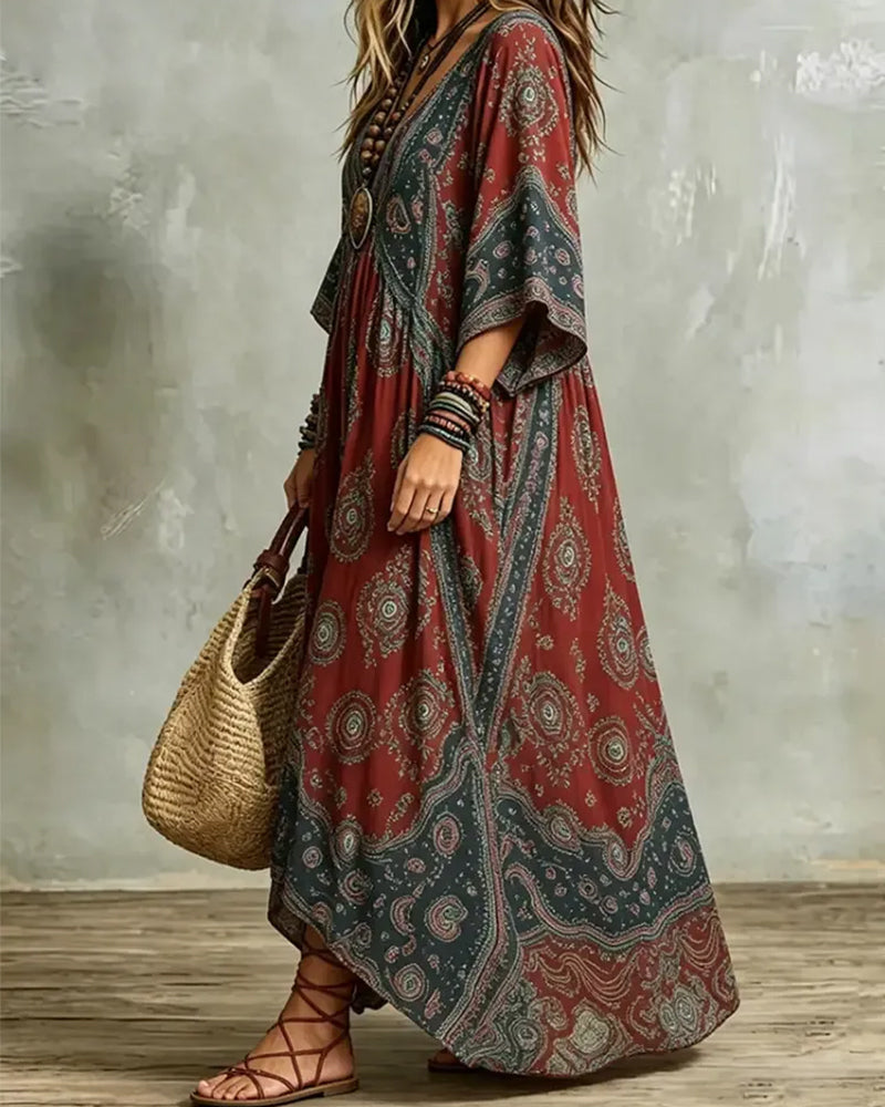 Kleid Vintage Boho V-Ausschnitt Bedruckt Maxi