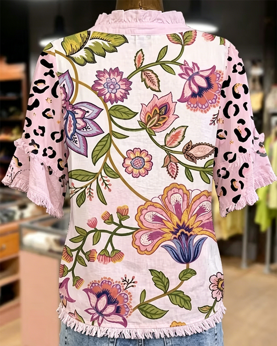 Bluse V-Ausschnitt Kontrast Print