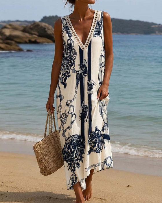 Kleid V-Ausschnitt Ärmellos Mit Print