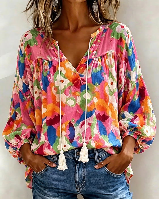 Bluse Bunt Bedruckt Laternenärmel Franse