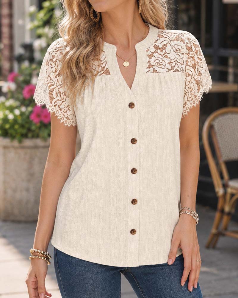 Bluse V-Ausschnitt Knopf Spitze Panel