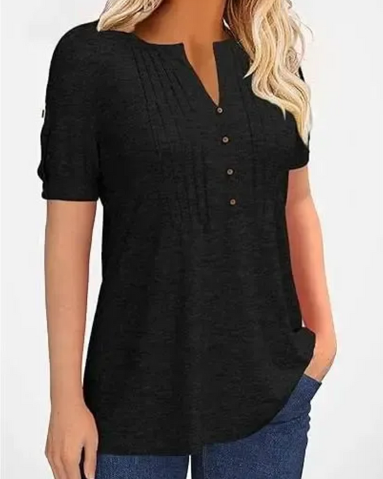 T-Shirt Plissiert Henley Kurzer Ärmel