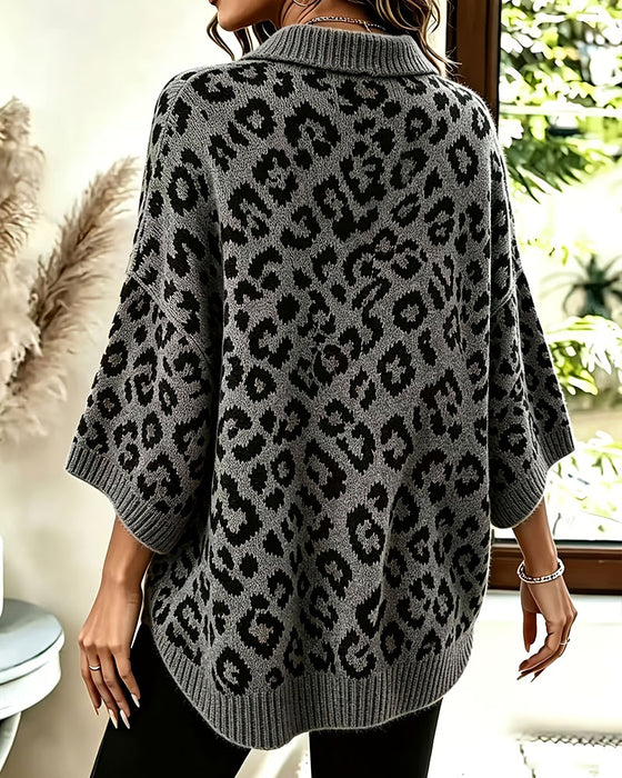 Pullover Mit Kragen V-Ausschnitt Leopardenmuster Halbarm Pullover