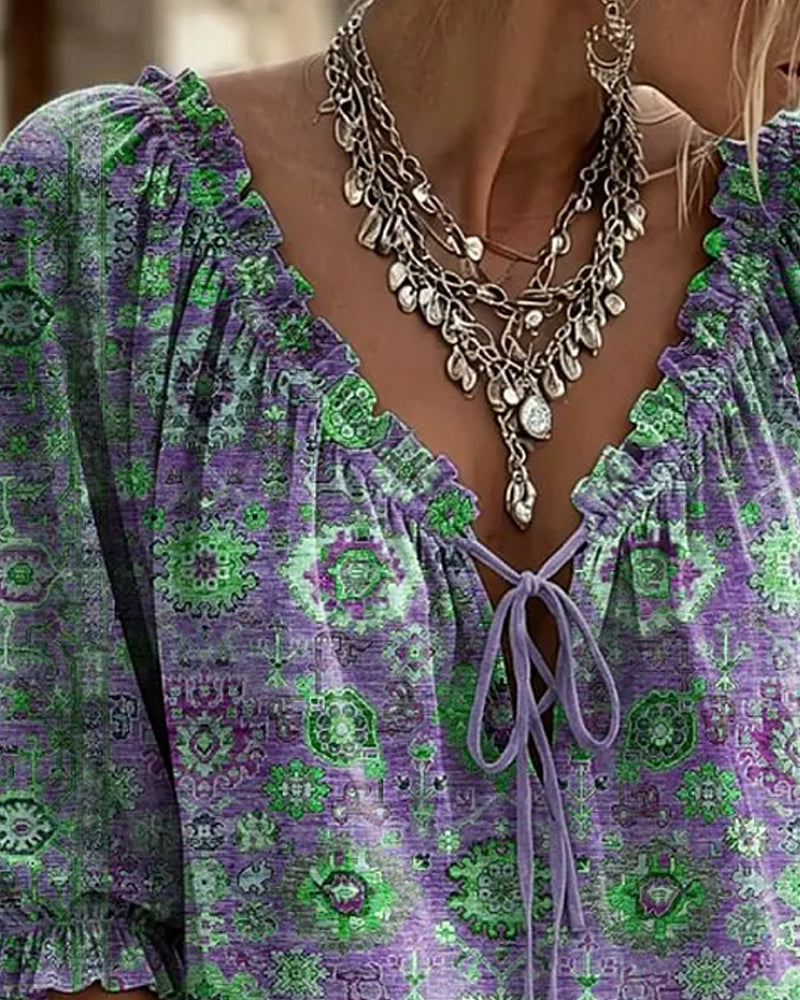 Bluse V-Ausschnitt Bindung Vintage Print