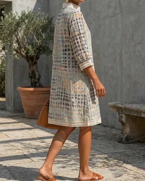 Kleid V-Ausschnitt Pünktchen Spitze Patchwork Stehkragen
