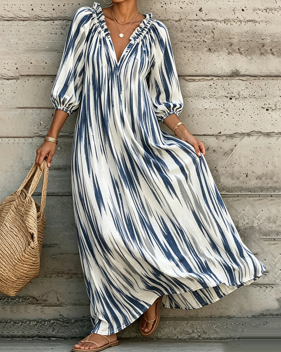 Kleid Tie-Dye V-Ausschnitt Puffärmel Lang Resort
