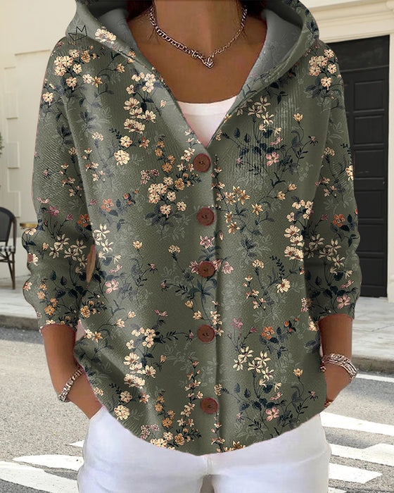 Strickjacke lässig mit Kapuze bedruckt Knopf