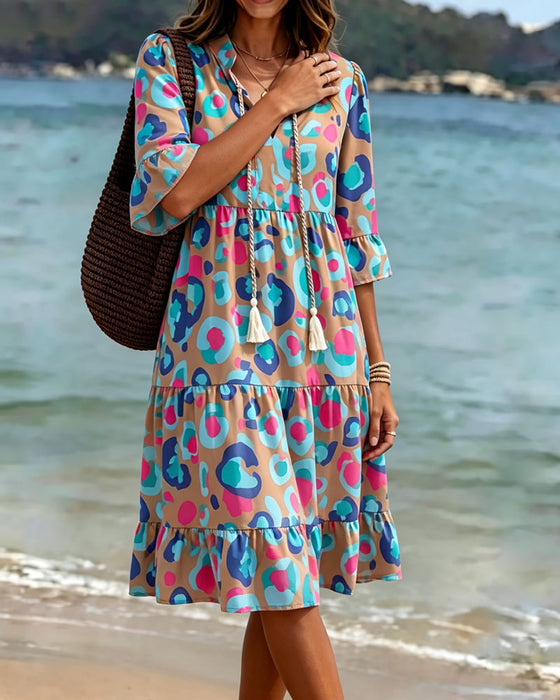 Kleid Bunt Druck Franse V-Ausschnitt Resort