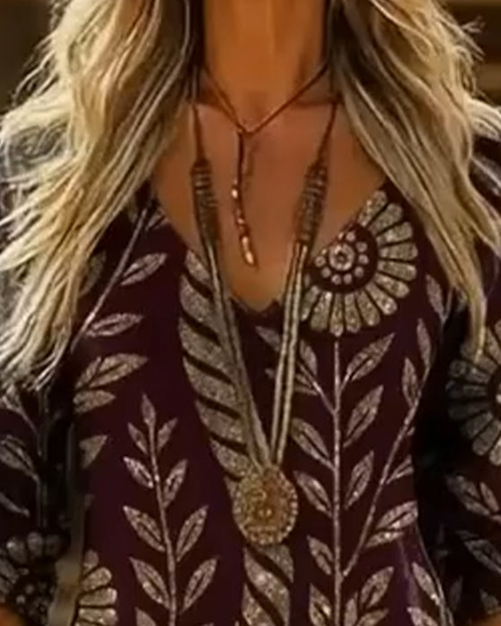 Kleid V-Ausschnitt Blattprint