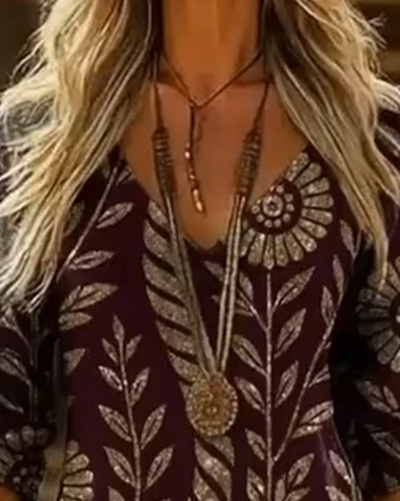 Kleid V-Ausschnitt Blattprint