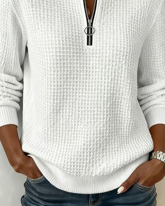 Sweatshirt Stehkragen Reißverschluss Langarm Waffel